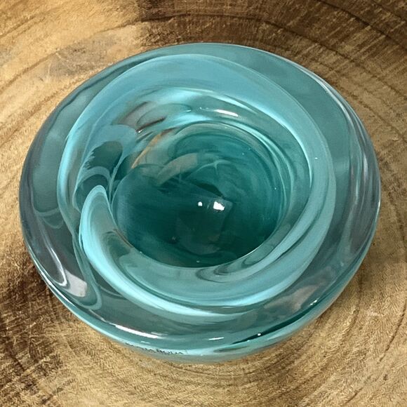Kosta Boda Anna Ehrner 4.5" Light Blue Swirl Art Glass Candle Holder Bowl - Picture 2 of 7